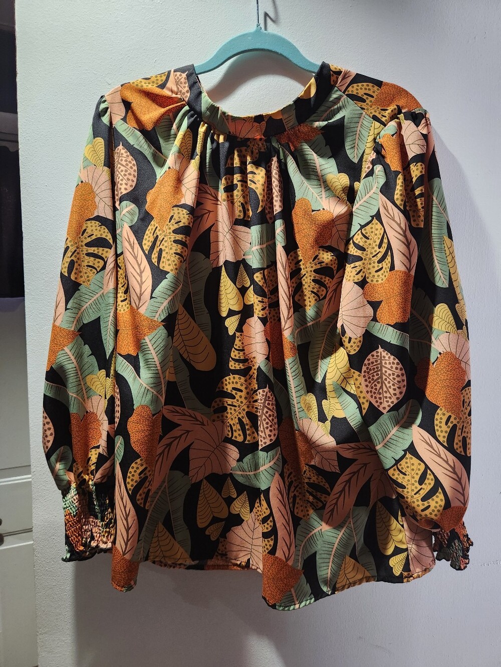 SHEIN Black Tropical Leaf Peasant Blouse